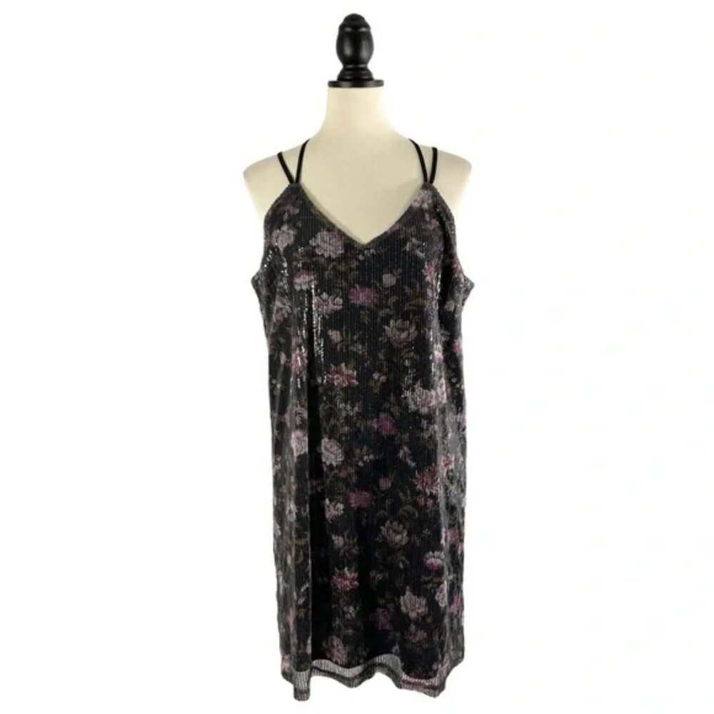 Xhilaration Black Floral Sequin Dress V-Neck Strappy Back, New w/ Tags, Size L